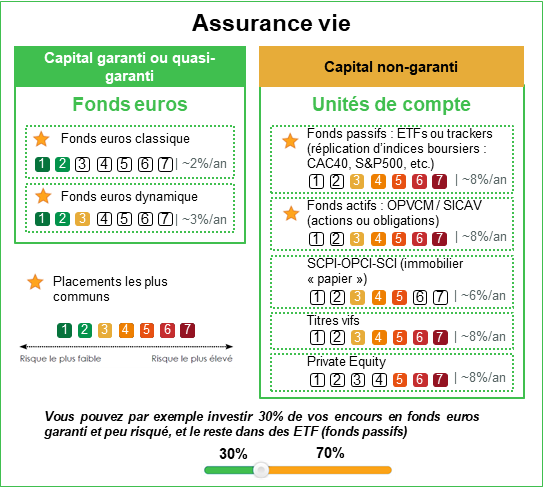 assurance vie : produits à capital faranti (fonds euro simple et dynamique) vs produits avec risque de perte de capital (ETF, SCPI, etc.)