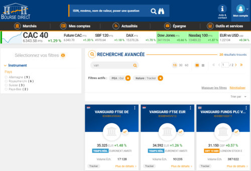 Avis Bourse Direct recherche exemple tracker PEA vanguard