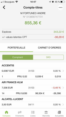 Fortuneo interface Mobile: Accueil